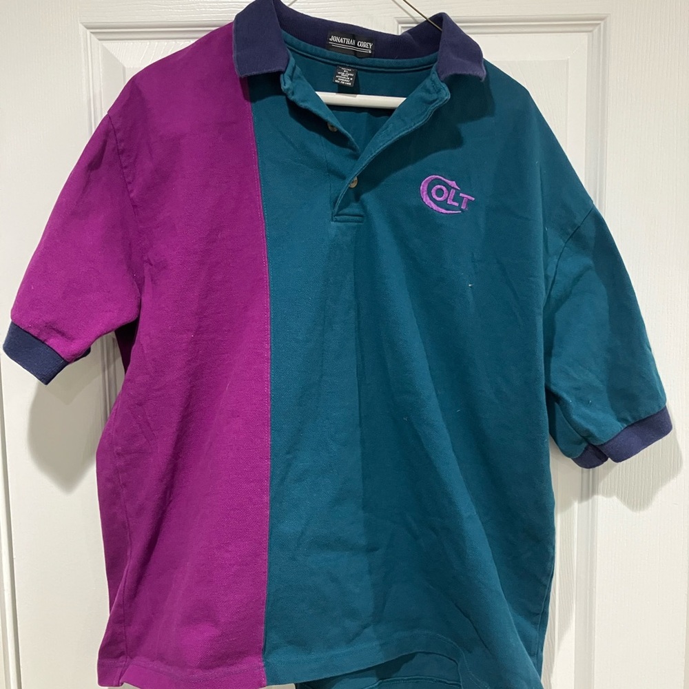 Vintage 90s - Colt Pistol Purple and Teal Polo Shirt - XL